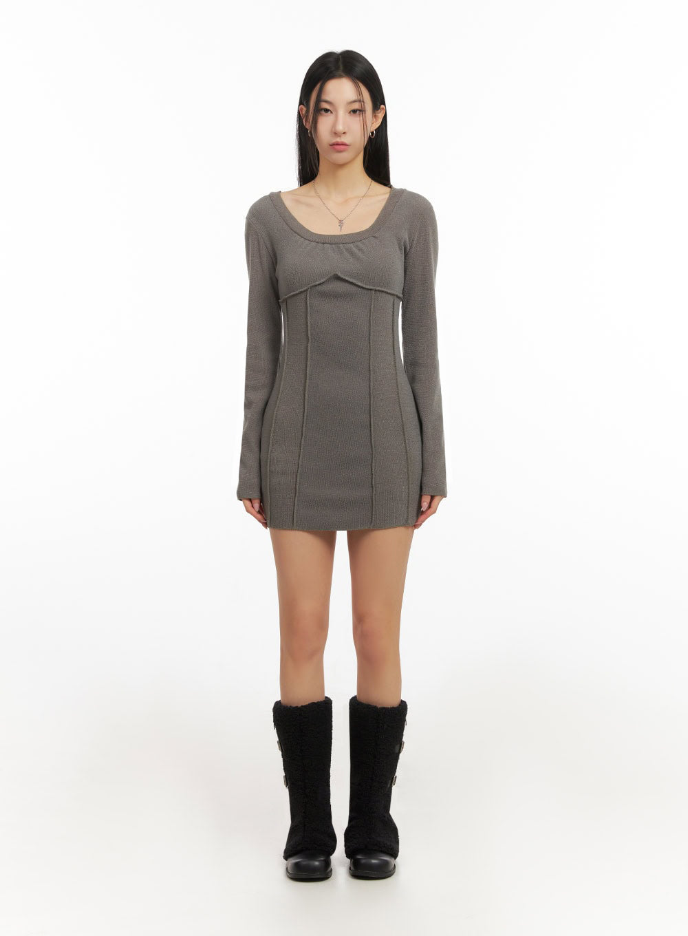 Cozy Long-Sleeve U-Neck Mini Dress ID431