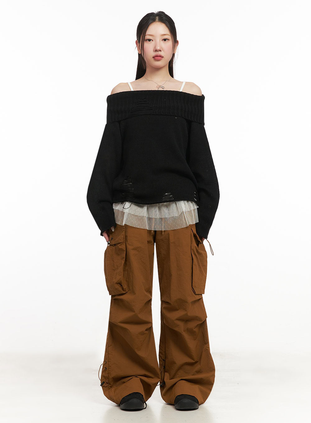 Off-Shoulder Distressed Sweater IM525 Acubi style LEWKIN