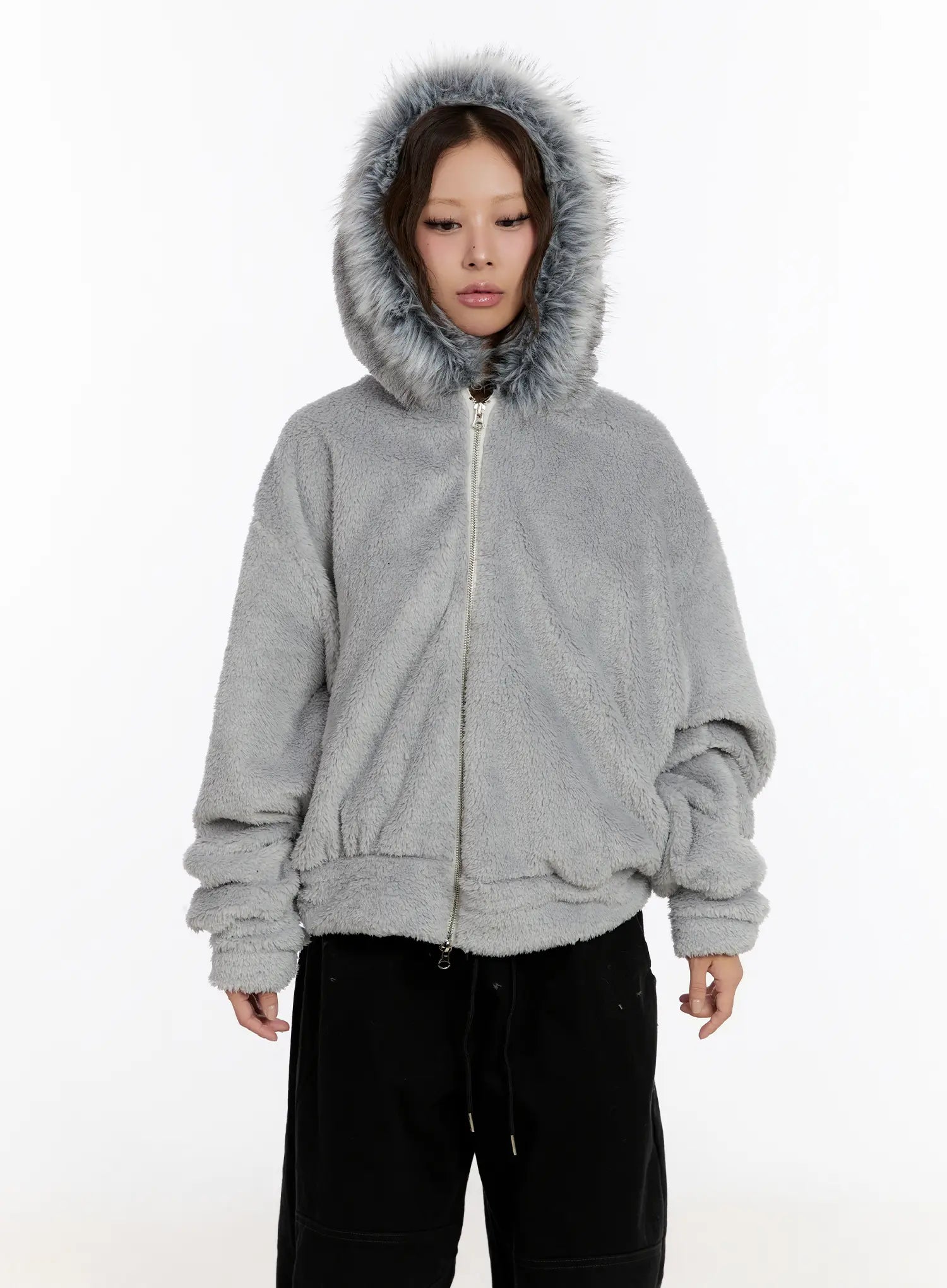 Faux Fur Fleece Zip-Up Hoodie CN527