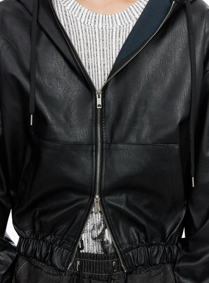 Men's Faux Leather Track Hooded Jacket IO516