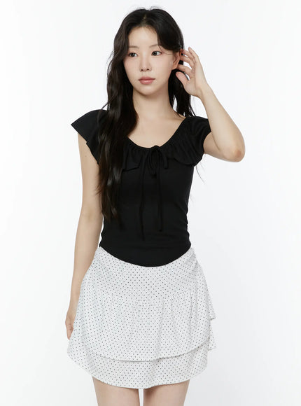 Frill Ribbon V-Neck Off-Shoulder Top IY507
