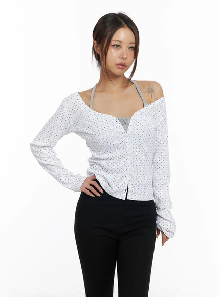 ribbed-polka-dot-v-neck-cardigan-cm525