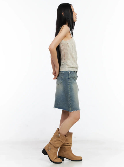 Frayed-Hem Denim Midi Skirt CL529