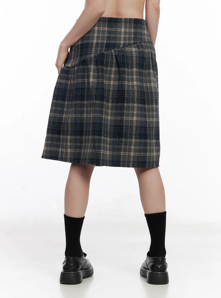 Plaid Button Detail Flare Midi Skirt CJ520