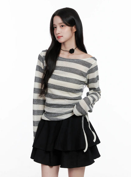 Striped Ruched Wide Neck Top CS523