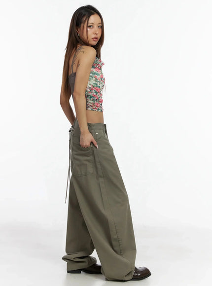 Back Corset Belt Wide-Leg Cotton Pants IA527