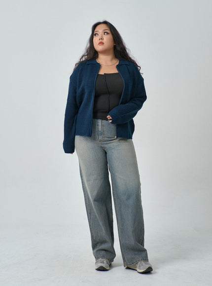 Plus Waffle Pattern Collared Two Way Zip-Up Knit