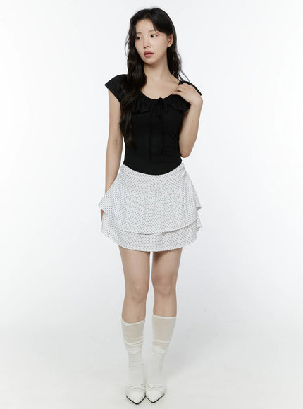 Frill Ribbon V-Neck Off-Shoulder Top IY507
