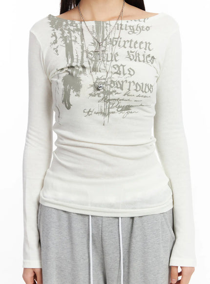 Edgy Boat Neck Graphic Long Sleeve Tee CF506