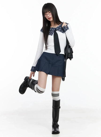 Plaid Off-Shoulder Long Sleeve Top IM523