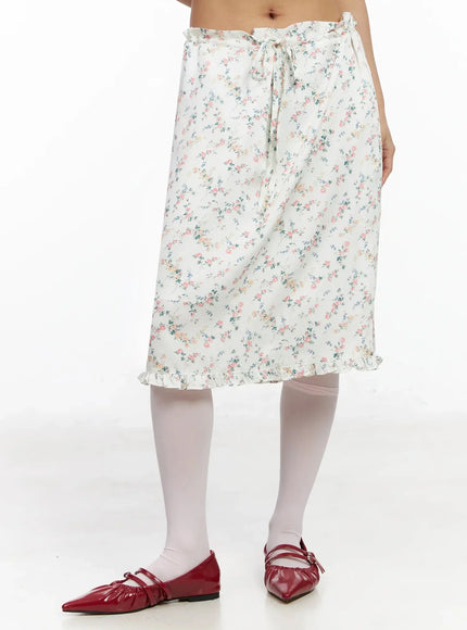 Floral Satin Ruffle Hem Midi Skirt IA527