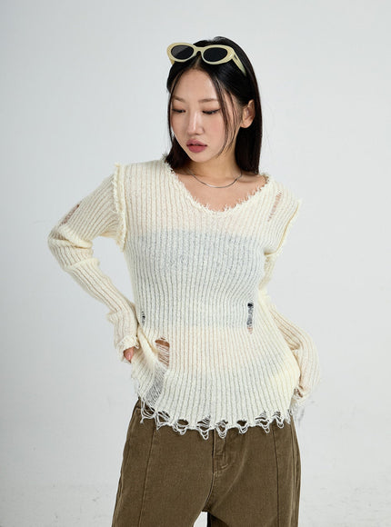 Ripped V-Neck Knit Top CO13