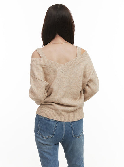 Off-Shoulder V-Neck Sweater with Straps CJ515