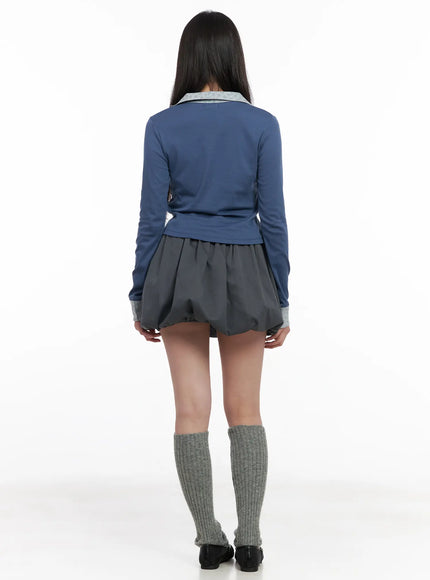 Two-Tone Collar Floral Long Sleeve Tee CM513