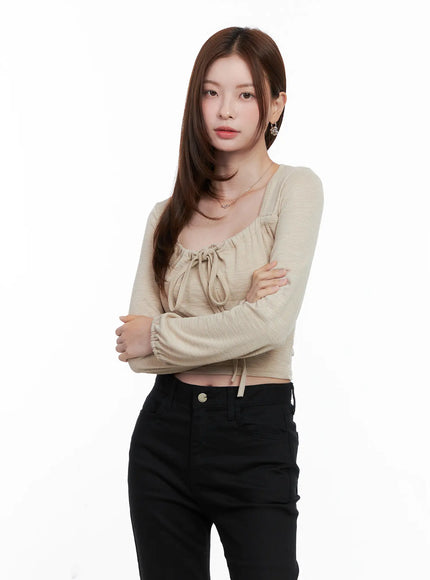 Long Sleeve Shirred Ribbon Crop Top CG521