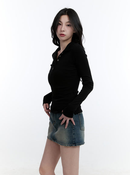 Basic Slim-Fit Collared Long Sleeve Top CJ521