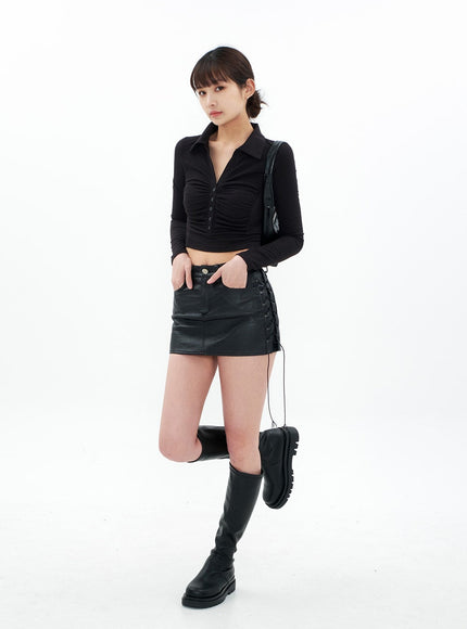 Open Collar Shirring Long-sleeve Top CA01