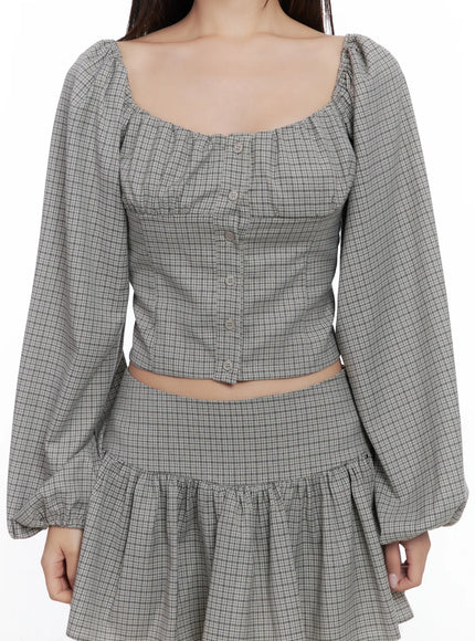 gingham-button-up-puff-sleeve-blouse-cs503