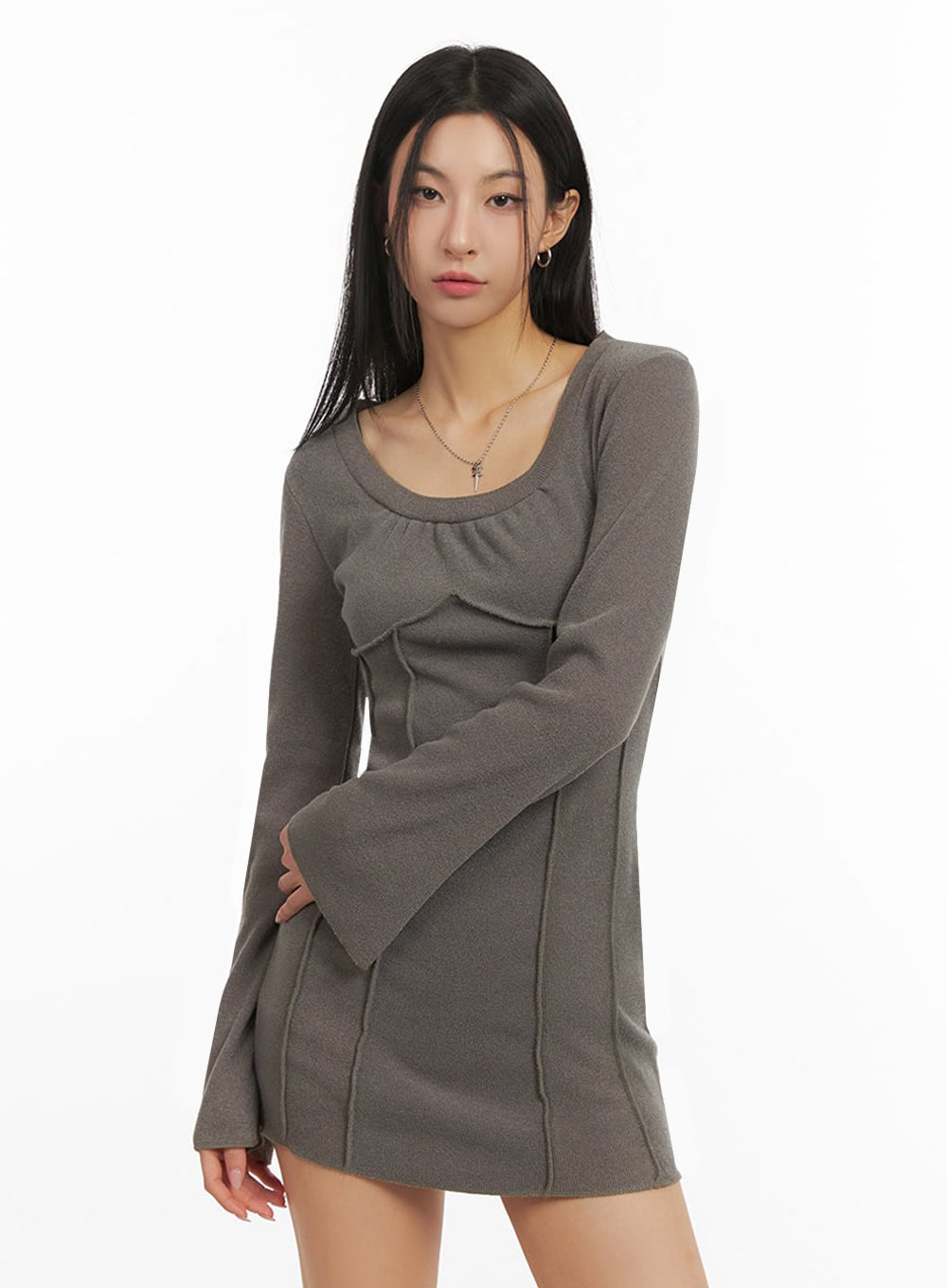 Cozy Long-Sleeve U-Neck Mini Dress ID431