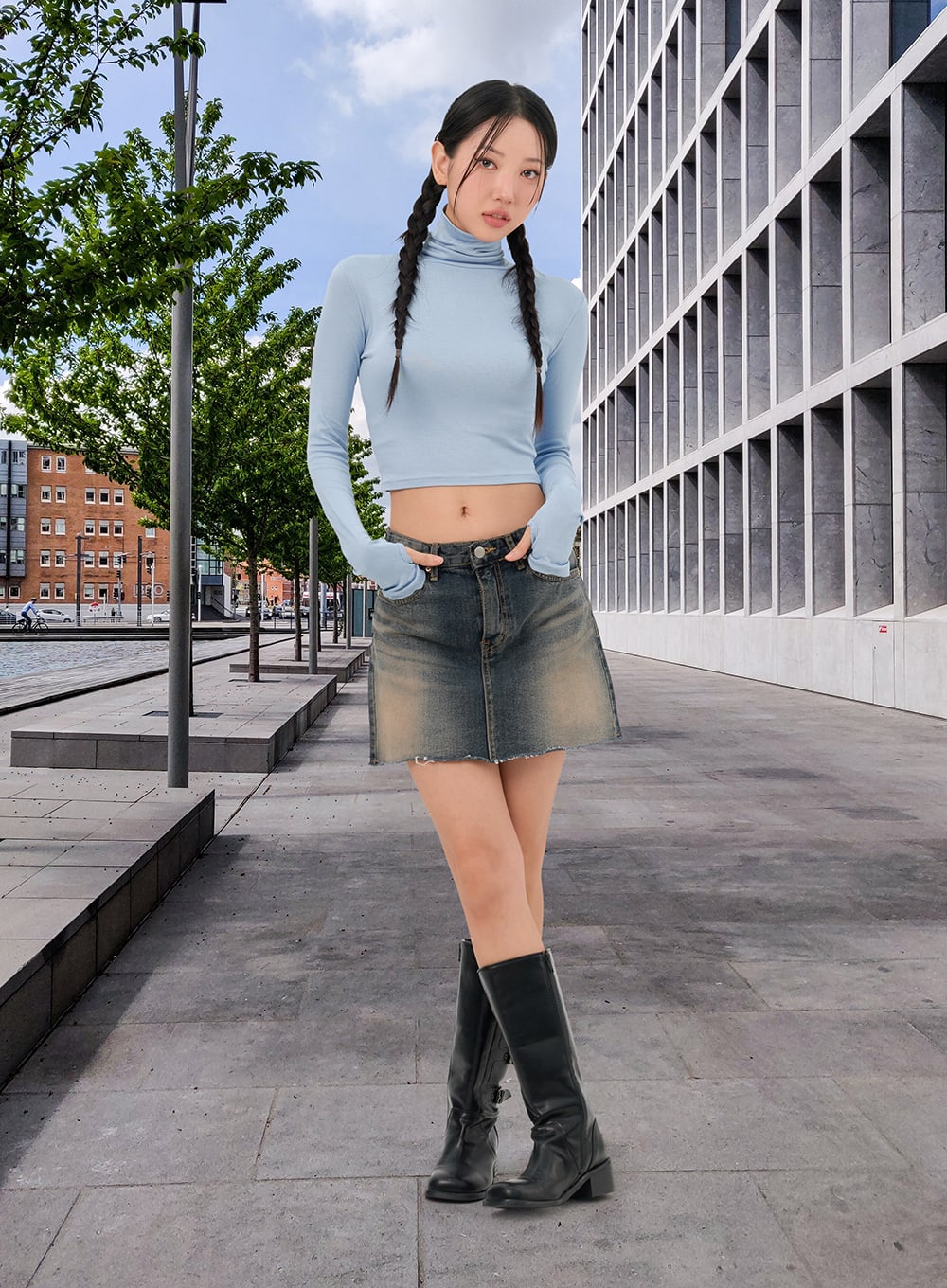 Kira Midi Skirt - Front Split Denim Skirt in Light Blue Wash | Showpo USA