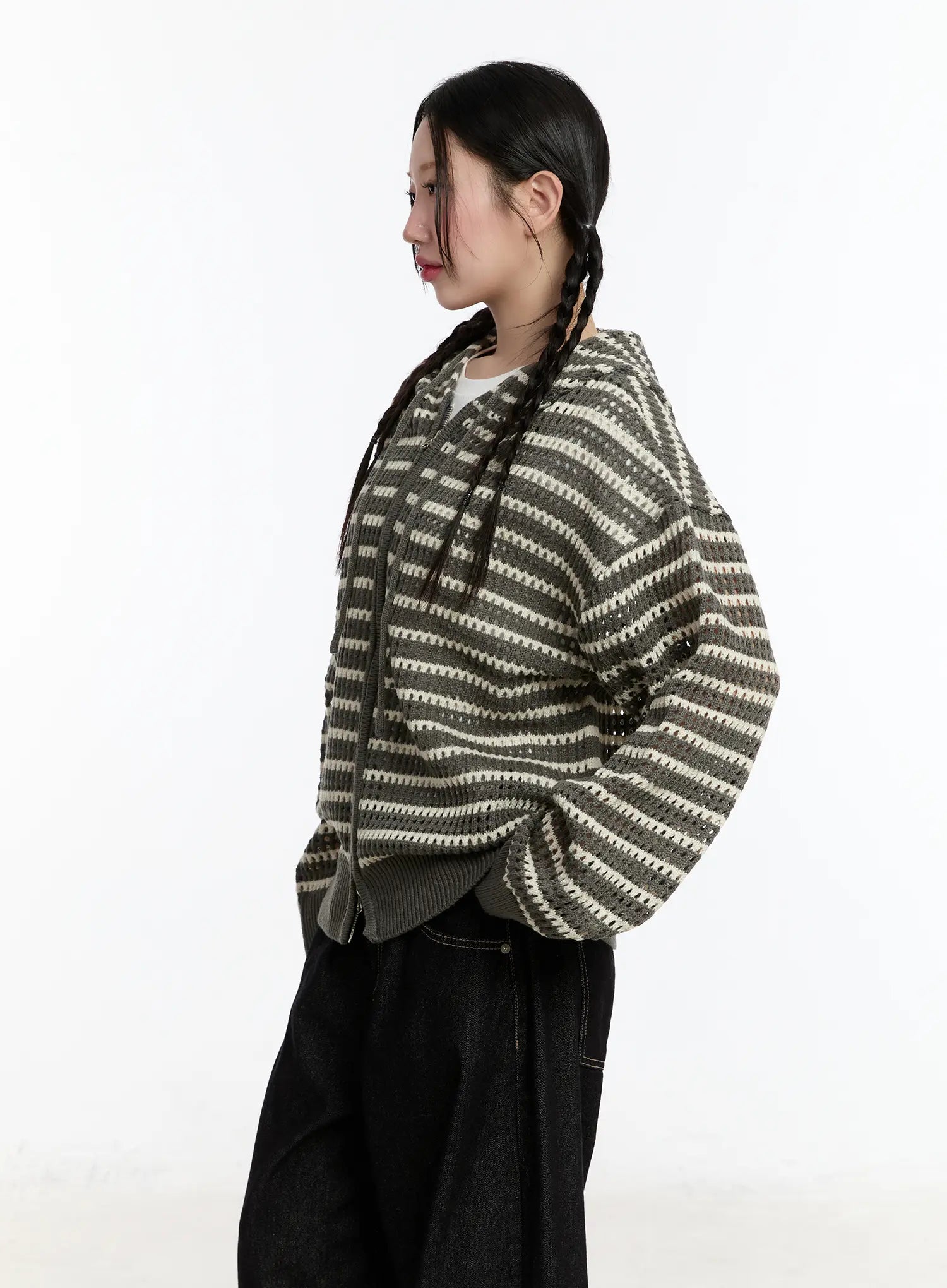 Striped Knit Hooded Cardigan CM511