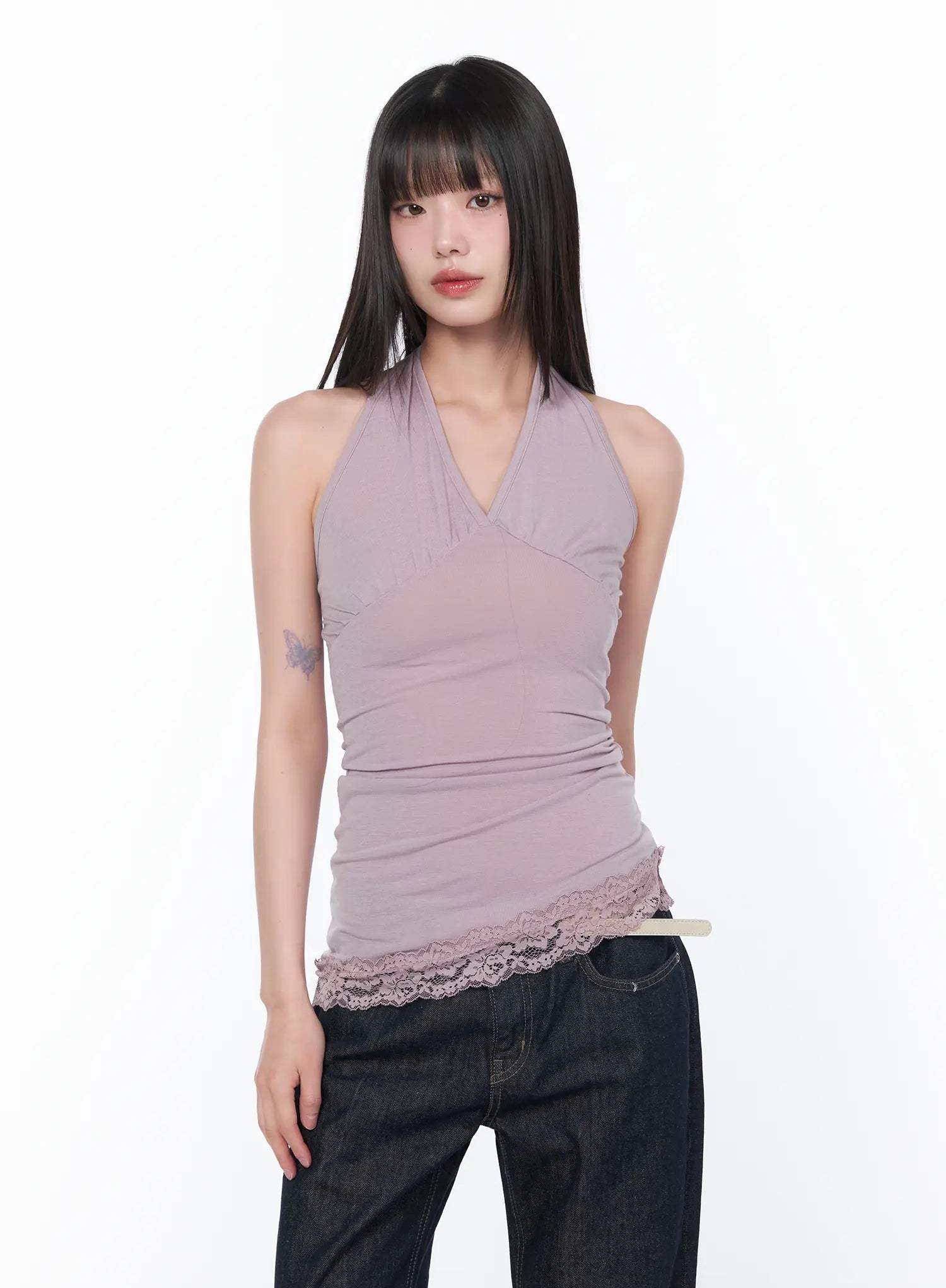 V-Neck Halter Lace Trim Top CA529