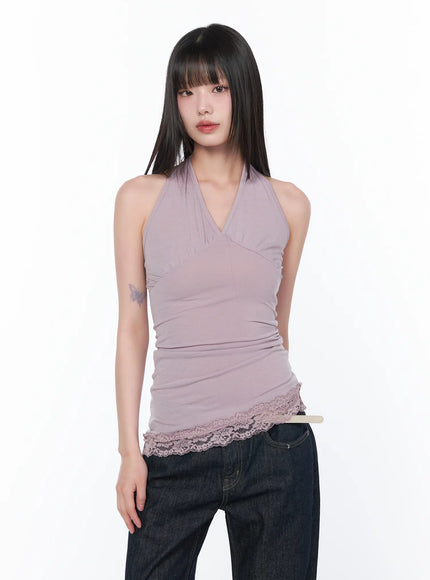 V-Neck Halter Lace Trim Top CA529