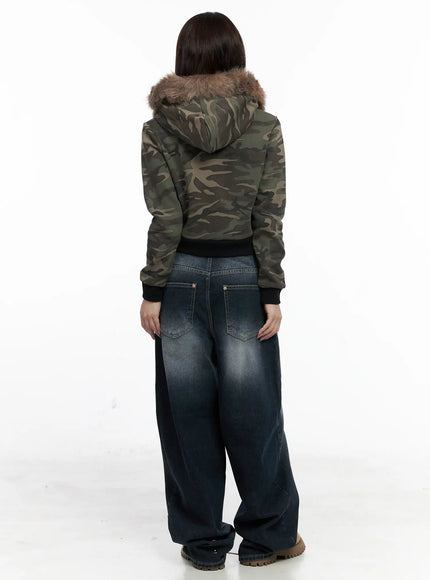 Camo Faux Fur Crop Zip-Up Hoodie CO521