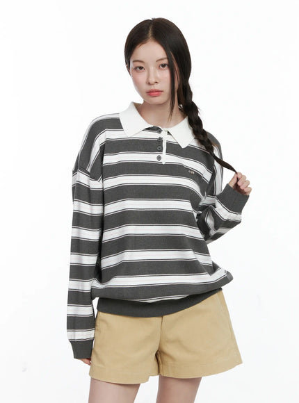 Oversized Striped Long Sleeve Collared Shirt CO503