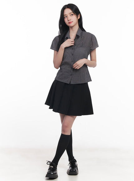 checkered-puff-button-blouse-top-cy526