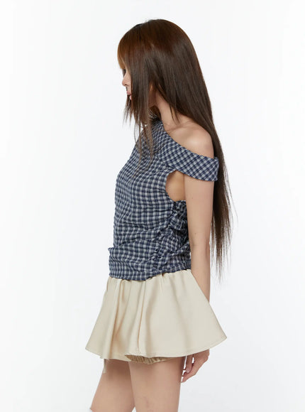 asymmetric-ruched-plaid-blouse-cy519
