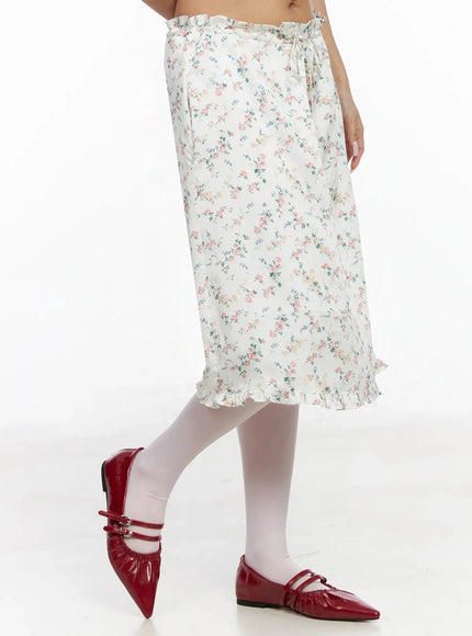 Floral Satin Ruffle Hem Midi Skirt IA527
