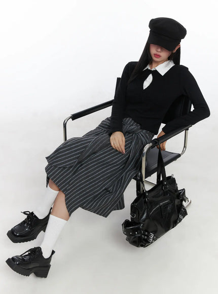 Button Wrap Collar Ribbed Long Sleeve Top CD529