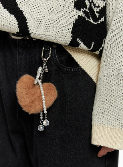 Fluffy Heart Ribbon Charm Keychain IO516