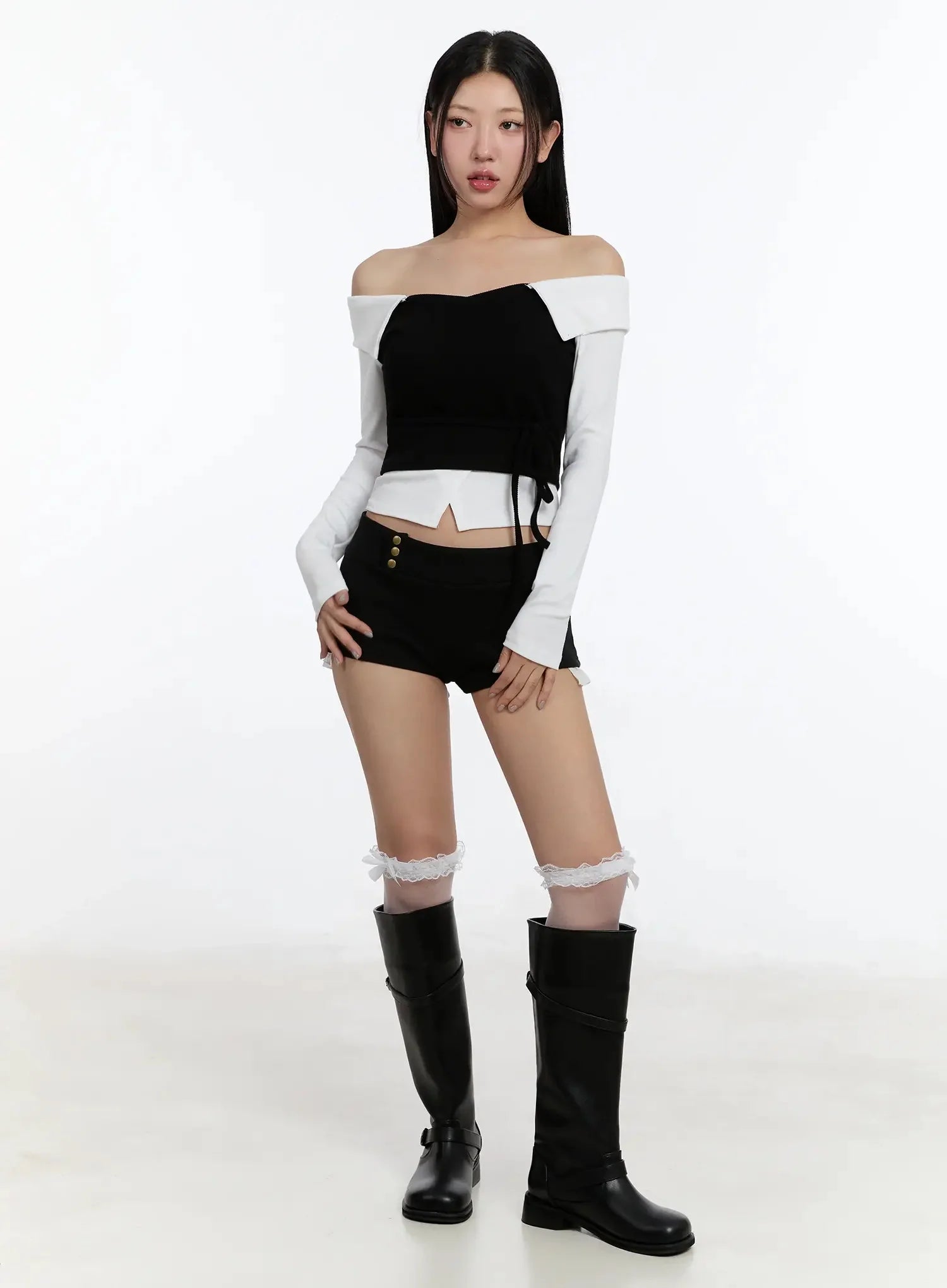 Ribbon-Tie Collared Off-Shoulder Top IM509