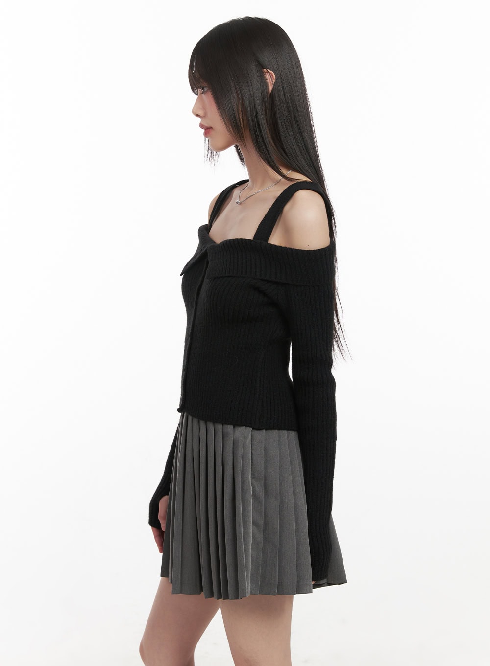 Ribbed Button-Down Off-Shoulder Sweater CJ528