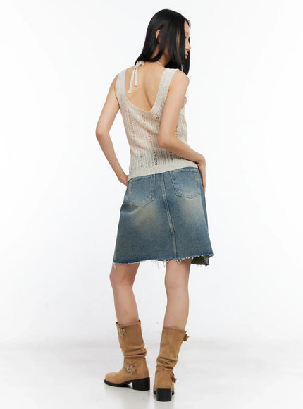 Frayed-Hem Denim Midi Skirt CL529