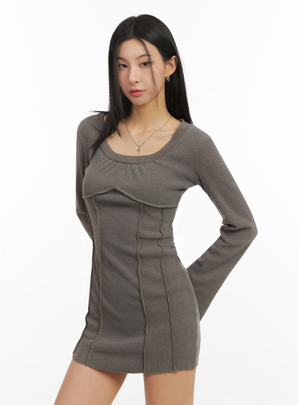 Cozy Long-Sleeve U-Neck Mini Dress ID431