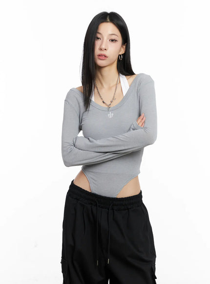 Grey Long Sleeve Bodysuit CC1109