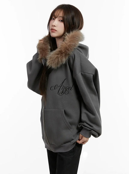 Faux Fur Printed Zip-Up Hoodie ID531