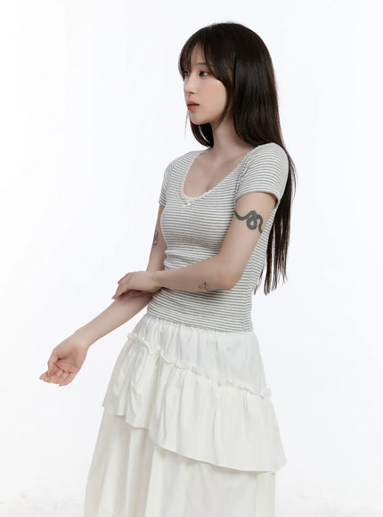 Scoop Neck Striped Lace Top CA503