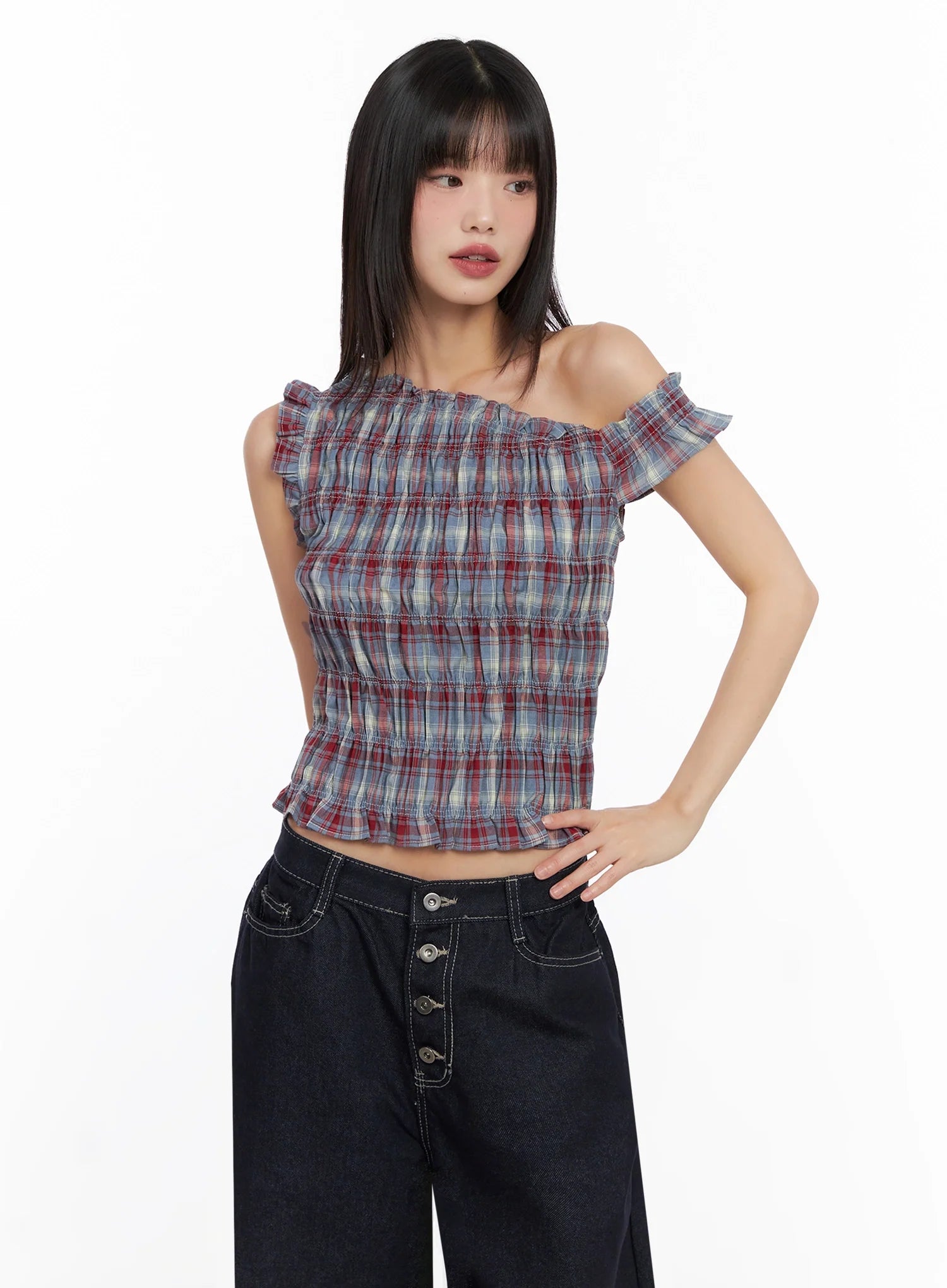 plaid-off-shoulder-blouse-in503