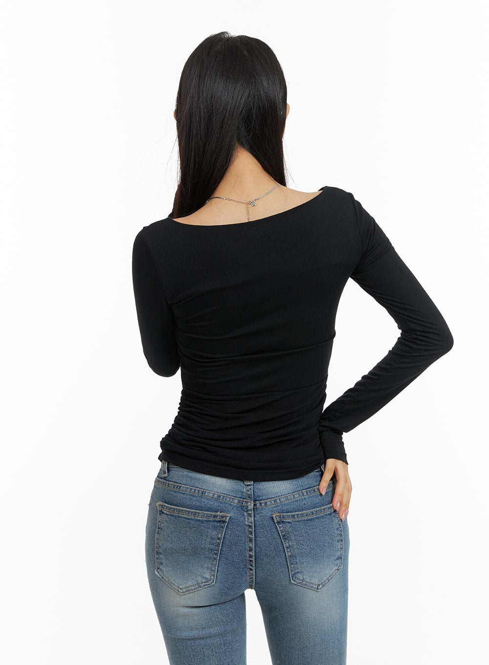 slim-fit-shirred-v-neck-long-sleeve-cm411