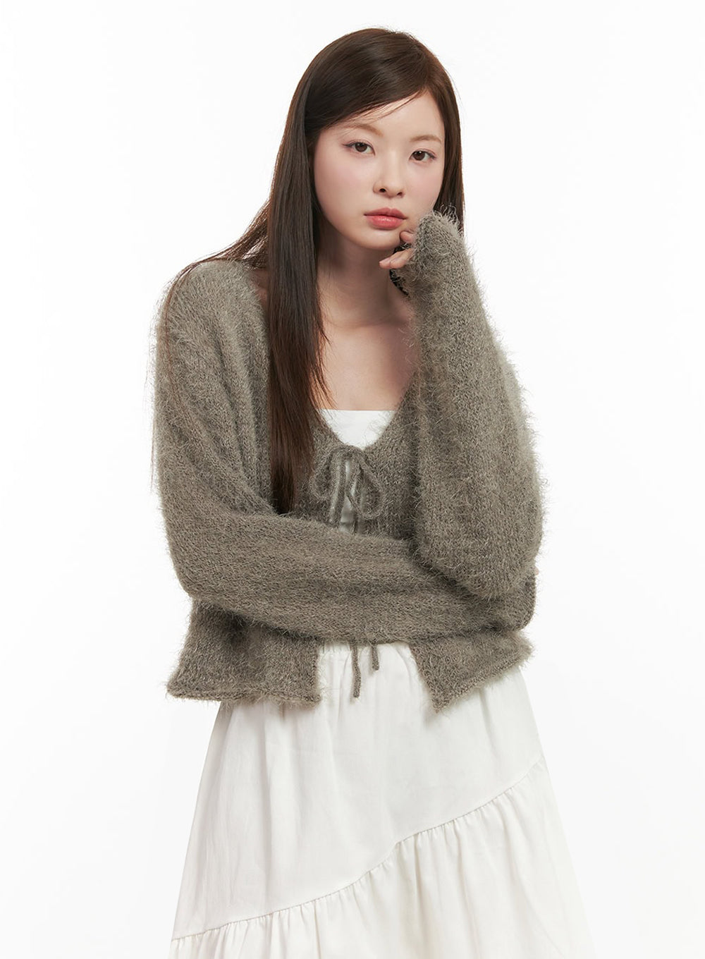 Fuzzy Ribbon Tie Cardigan IJ527