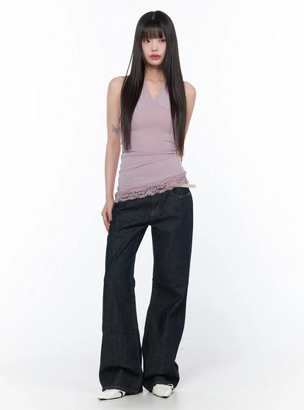 V-Neck Halter Lace Trim Top CA529