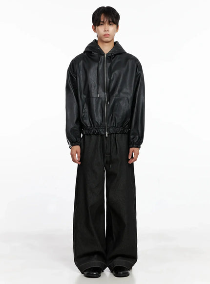 Men's Faux Leather Track Hooded Jacket IO516