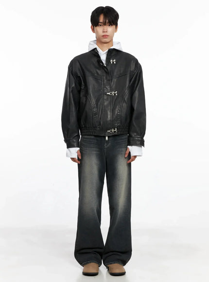 Men's Faux Leather Toggle Buckle Jacket IO517