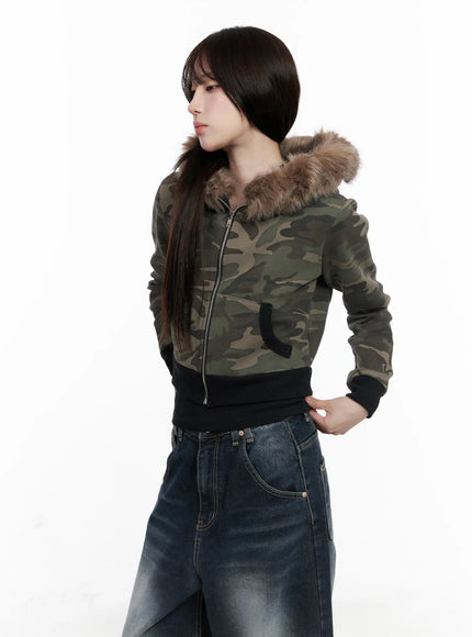 Camo Faux Fur Crop Zip-Up Hoodie CO521