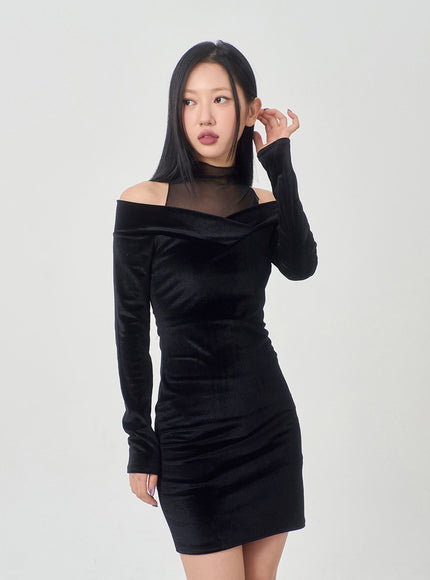 Velvet Off-Shoulder Mesh Neck Mini Dress BD23