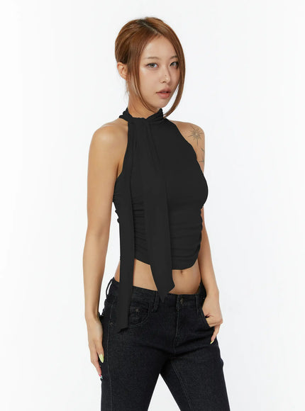 sleeveless-shirred-halter-top-cy520 / Black